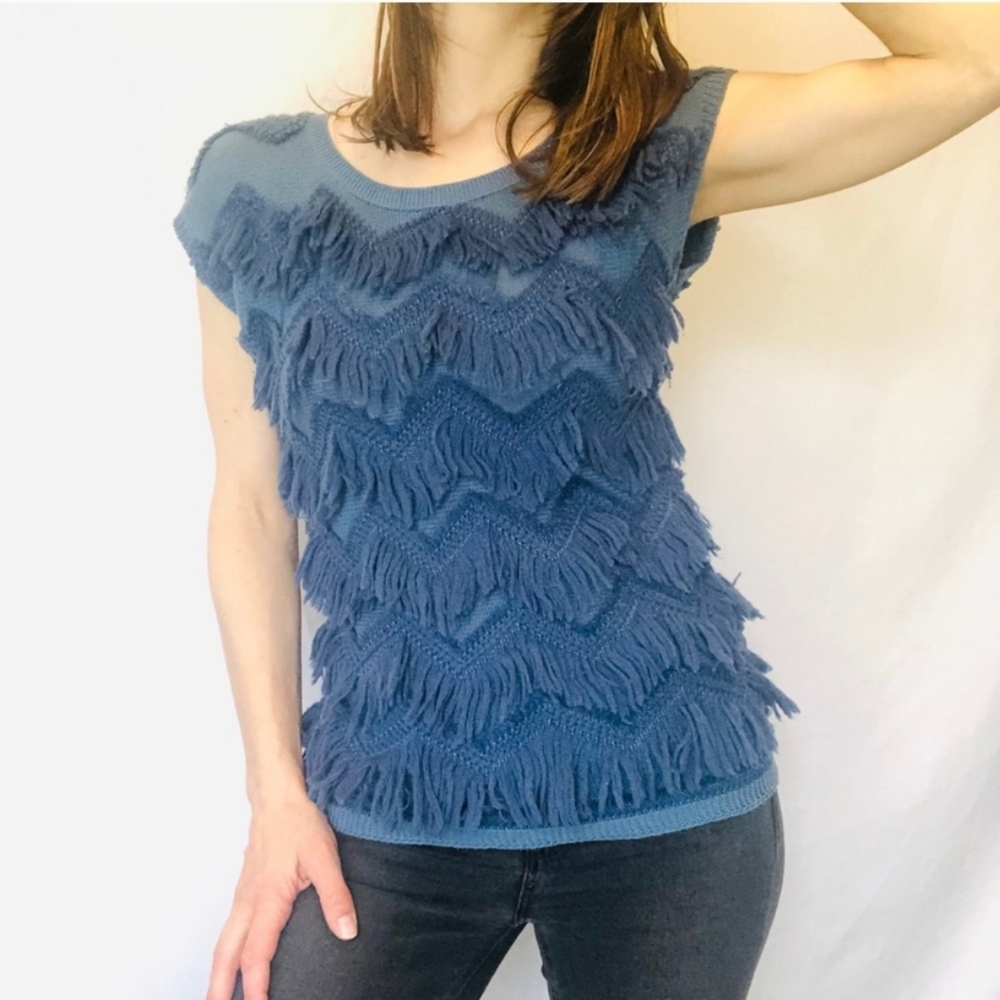 Anthropologie Yellow Bird Blue Knit Fringed Pullover Tasseled Sweater Tee